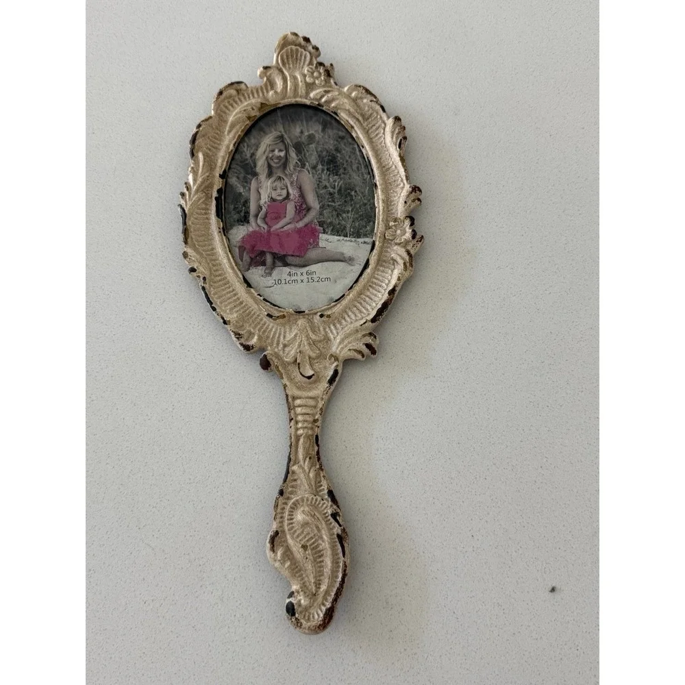 Vintage Ornate Hand Mirror Photo Frame Cast Metal Shabby Cottage core Victorian
